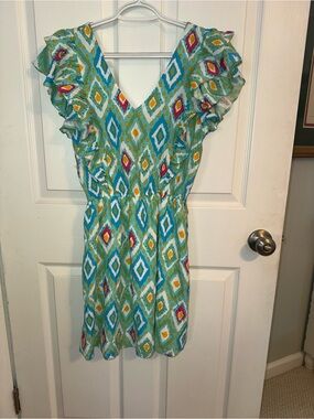 Savanna Jane Teal Ikat V-Neck Ruffle Mini Dress with Bright Accents